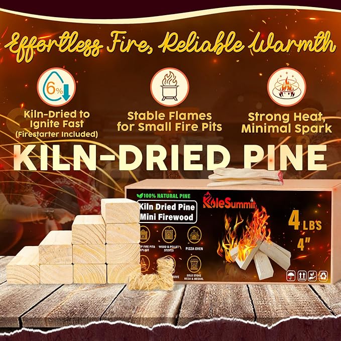 Mini Fire Stick with Fire Starters Gloves 4" Kiln Dried Pine Small Barkless Kindling Logs Compatible with Wood Stoves, Tabletop Fire Pits, BBQ Grills & Pizza Ovens, 4 lb Box