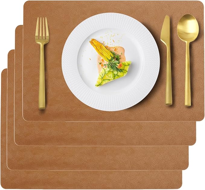 Vinyl Placemats Set of 4 Faux Leather 100% Waterproof Wipeable Washable Place Mats Heat Resistant Easy Clean Non-Slip Table Mats for Indoor Outdoor. (4, Brown)