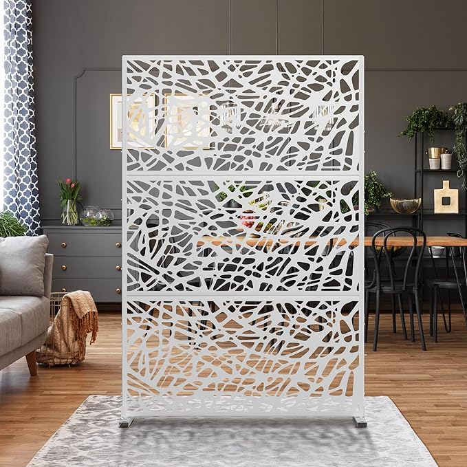 Metal Privacy Screen Outdoor 72" H×47" W,Freestanding Decorative Privacy Screen for Balcony Yard&Garden,Privacy Fence-White&Net