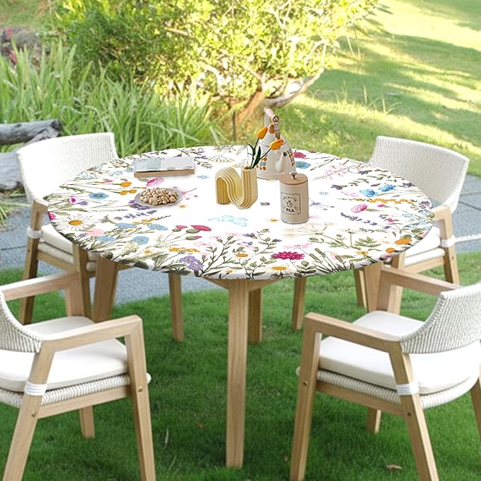 Spring Summer Floral Round Fitted Tablecloth with Elastic Wildflower Butterfly Circle Table Cloth for 40-44" Tables Wipeable Waterproof Farmhouse Easter Flowers Table Cover for Picnic Outdoor Dining