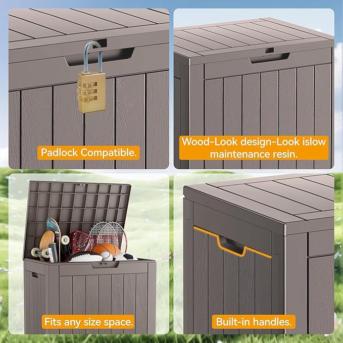 31 Gallon Outdoor Storage Deck Box Waterproof,Garden Tool,Backyard Cushion,Poolside Storage,Small Delivery Boxes for Outside,Lockable Lid,Wood-like Striped Black