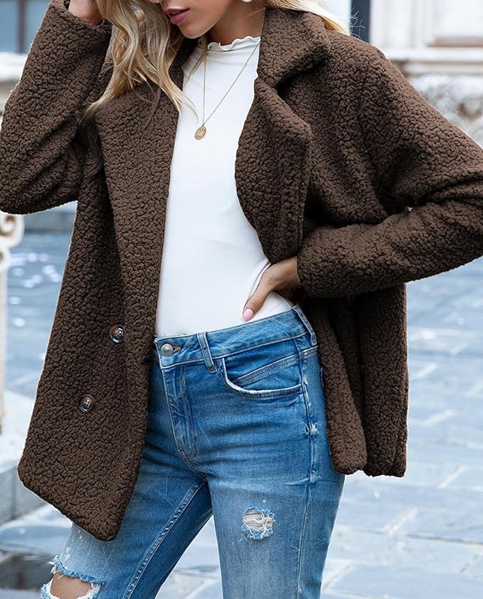 Women's Winter Warm Plush Cardigan Fuzzy Fleece Lapel Jacket with Buttons Pockets Long Sleeve Casual Outerwear