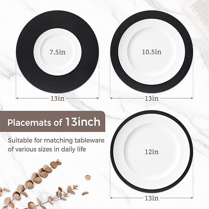 13" Round Placemats Set of 12, Reversible Faux Leather Heat Resistant Table Mats, 100% Waterproof Oilproof Wipeable Table Protective Placemats for Vinyl, Washable for Indoor (12, Black)