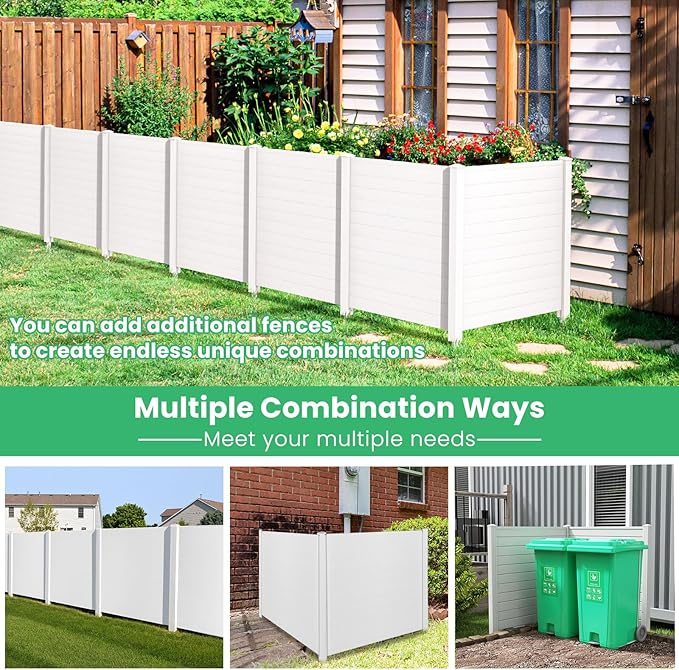 Giantex Outdoor Privacy Screen 4 Panels, 48''W x 48''H Decorative Air Conditioner Fence Trash Can Enclosure with 3 Stakes, Easy Assembly, PVC Vinyl Picket Fences for Garden Patio Lawn, White