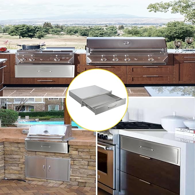 Outdoor Kitchen Drawers 30" W x 6.5" H x 23" D Flush Mount BBQ Single Drawers with Divider,Built-in Stainless Steel Drawer with Chrome Handle for Outdoor Kitchen Island Patio Grill Station