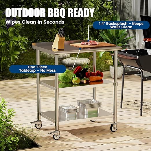 Stainless Steel Work Table with Wheels, 24x36 Inch NSF Food Prep Table with Backsplash & 2 Adjustable Undershelves for Commercial Kitchen, Restaurant, Garage