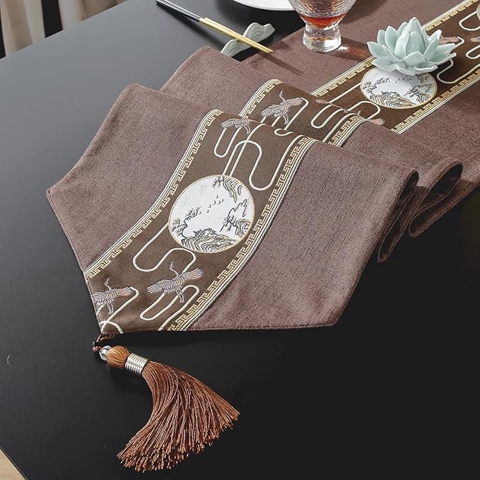 Embroidered Tassel Table Runner Chinese Style Landscape Painting Waterproof Cotton Linen Holiday Kitchen Dining Table Decoration for Home Party Decor 13x72 Inch (Brown)