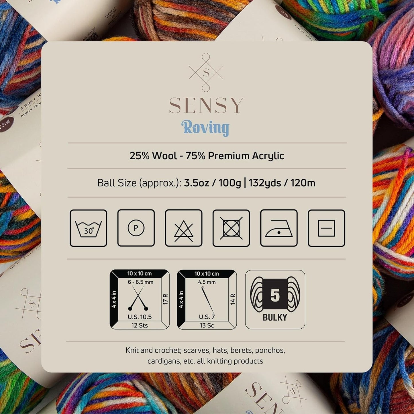 3 Skeins of Sensy Roving Multi Color Yarn, 3.5 oz, 132 Yards, Gauge 5 Bulky (Carnaval)
