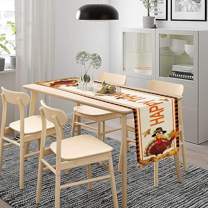 Happy Thanksgiving Table Runner, Autumn Pumpkin Maple Leaves Turkey Print Fall Harvest Holiday Kitchen Dining Table Decor for Indoor Outdoor Party, 13x90inch