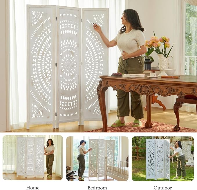 Room Divider Wood Carved Wall Divider Indoor Folding Bohemian Style Portable Partition Screen for Home Office Garden Terrace - 3 Panels (Antique, White-Washed)