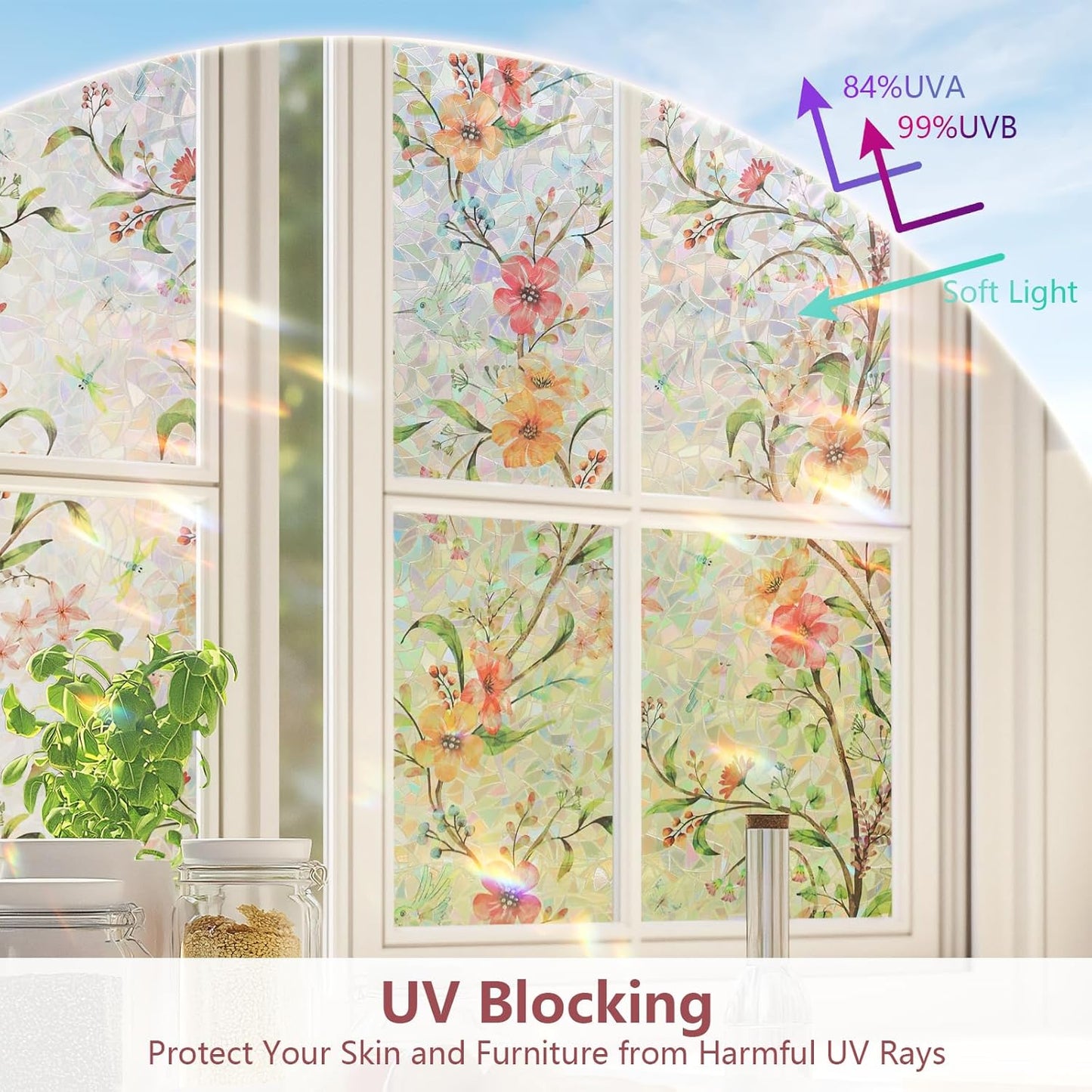 NINETREX Window Privacy Film,Stained Glass Window Film,Rainbow Decorative Stickers Static Cling Anti UV Heat Control for Home Decor (Galsang Flower,23.6 x 157.4inch)