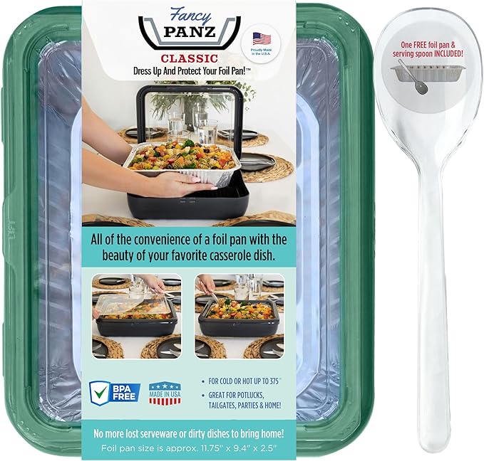 Fancy Panz - Green Classic Aluminum Foil Pan Carrier with Lid - Elevated Food Serving Tray - Portable Casserole Carrier with Lid - Made in The USA Hosting Essentials