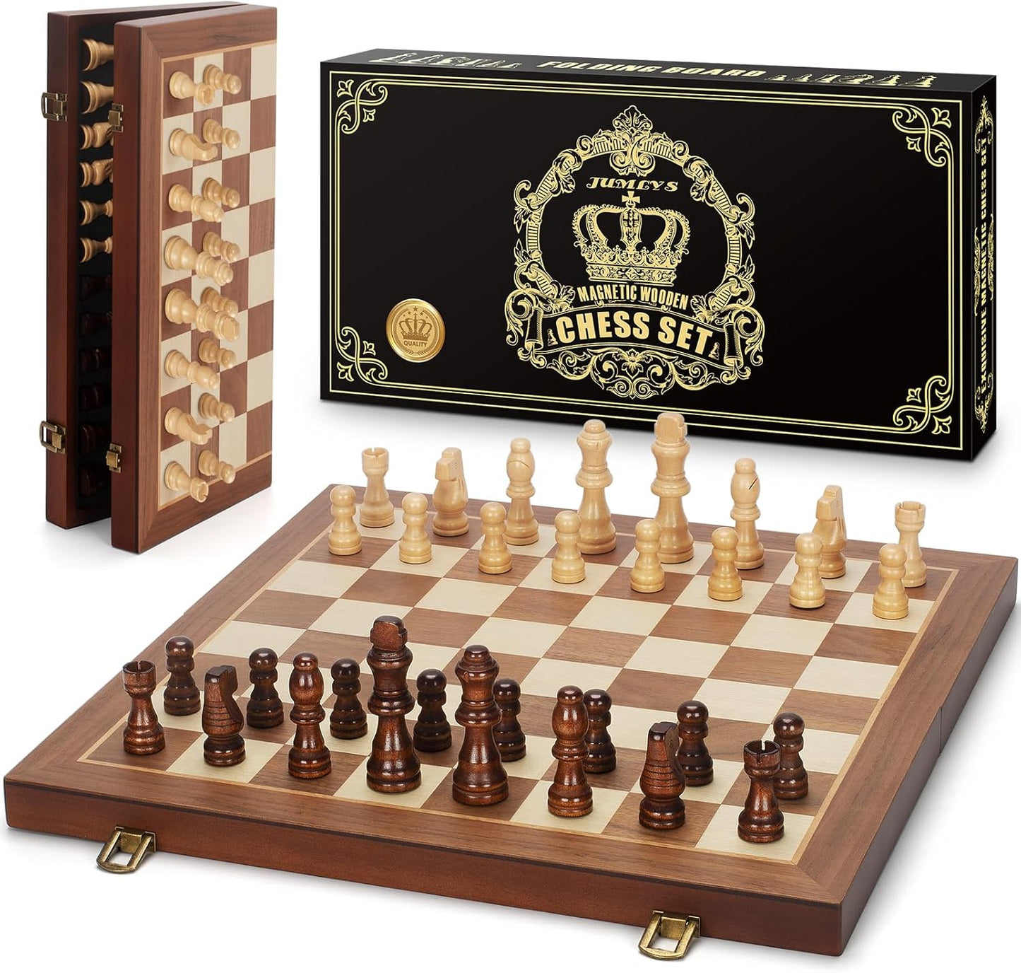 Magnetic Wooden Chess Set, 15" Folding Chess Board with 2 Extra Queens, Portable Travel Chess Set with Pieces Storage Slots, Beginner Chess Board Game for Adults & Kids