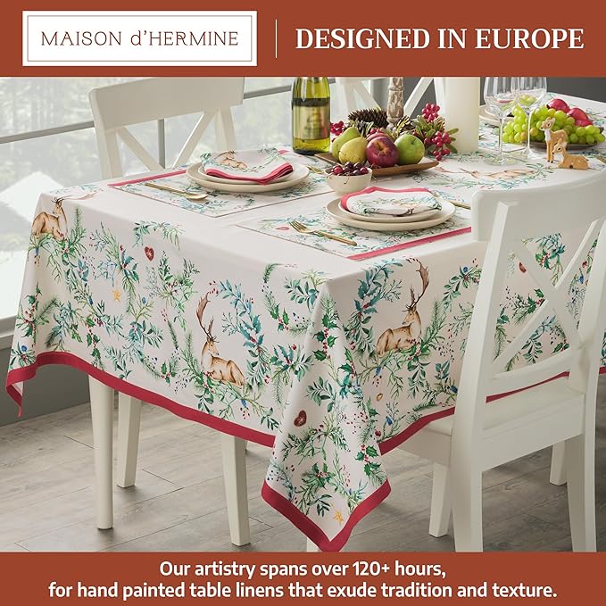Maison d' Hermine Table Cloth Square Table 100% Cotton 54 x 54 Inches Fall Tablecloth Reusable Everyday Use for Thanksgiving Christmas Decorations Dining Farmhouse Party (Holly Time)