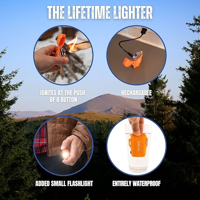 – 25 Pack All-Natural Fire Starters for Campfires, Fire Pits, BBQs & Fireplaces – Long Burning, Weather-Resistant, Non-Toxic + Survival Frog Rechargeable Lighter Kit