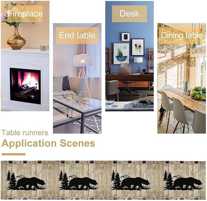 Bear Table Runner, Wild Animals Rustic Cabin Forest Bear Print Wooden Board Table Runner for Dining Kitchen Home 13x36in