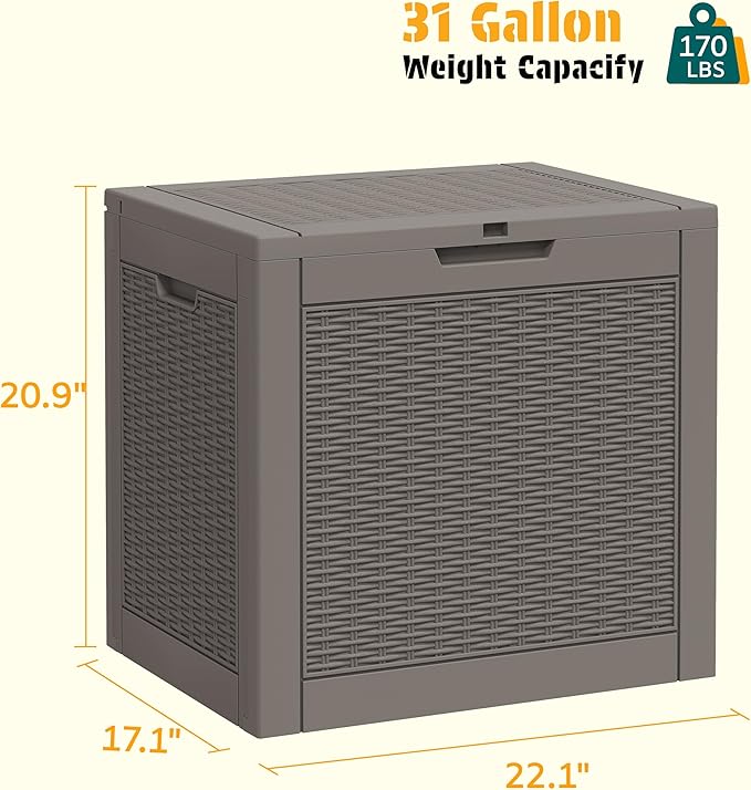 NUNU LAB 31 Gallon Outdoor Storage Box Waterproof, Outside Package Delivery Deck Boxes with Lockable Lid, Backyard Storage Bin For Garden Tools, Patio Cushions Accessories, Gray