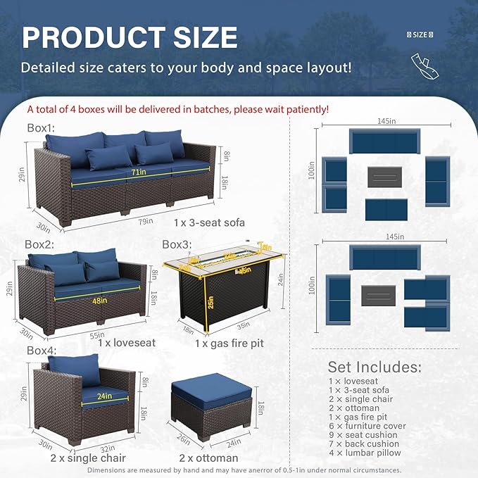7 PCS Patio Furniture Set Outdoor Patio Furniture with Propane Fire Pit Table Outdoor Couch Patio Chairs Outdoor Conversation Set with Non-Slip Cushions Waterproof Covers, Navy Blue