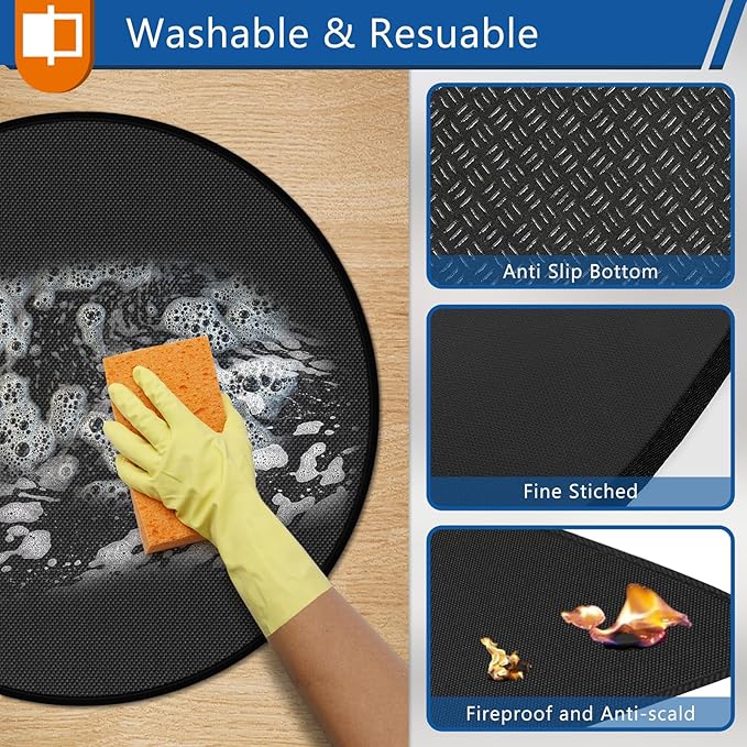 Anze Round Under Grill Mat for Outdoor Grill, 39 Inch Anti-Slip BBQ Floor Mats, Easy to Clean Reusable Fireproof Grill Pad, Oil-Proof Waterproof Protector for Deck Fireplace Pit Mat Black