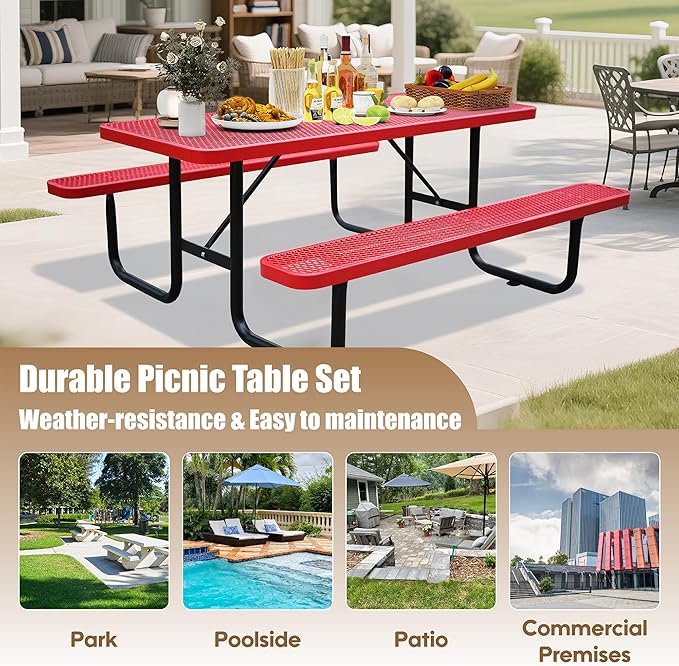 6FT Rectangular Metal Picnic Table for Outdoors, Commercial Steel Metal Picnic Tables, Heavy Duty Sturdy Picnic Tables Furniture Set for Patio Garden Courtyard BBQ, with Umbrella Hole, Red