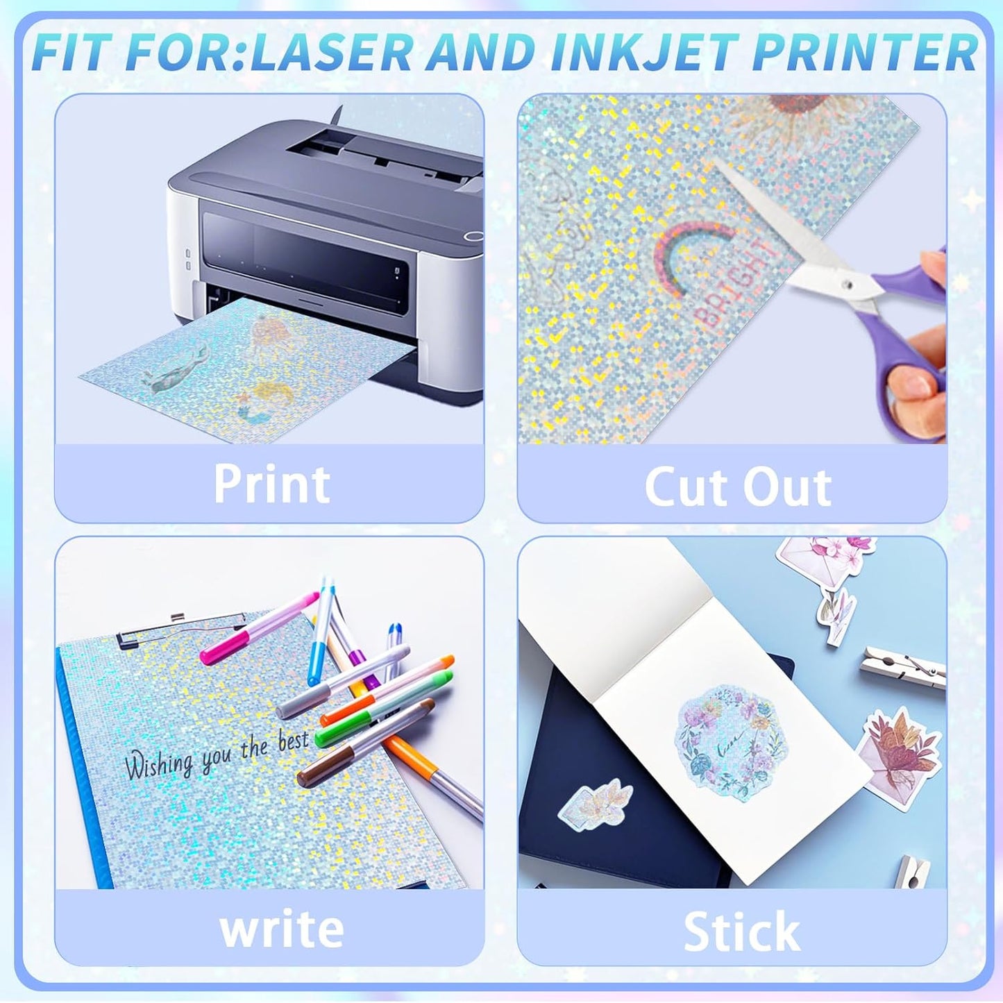 20 Sheets Printable Holographic Sticker Paper,11 x 8.5 Inches Printable Waterproof Paper Rainbow Vinyl Sticker Paper for Inkjet or Laser Printer（Laser bubble pattern）