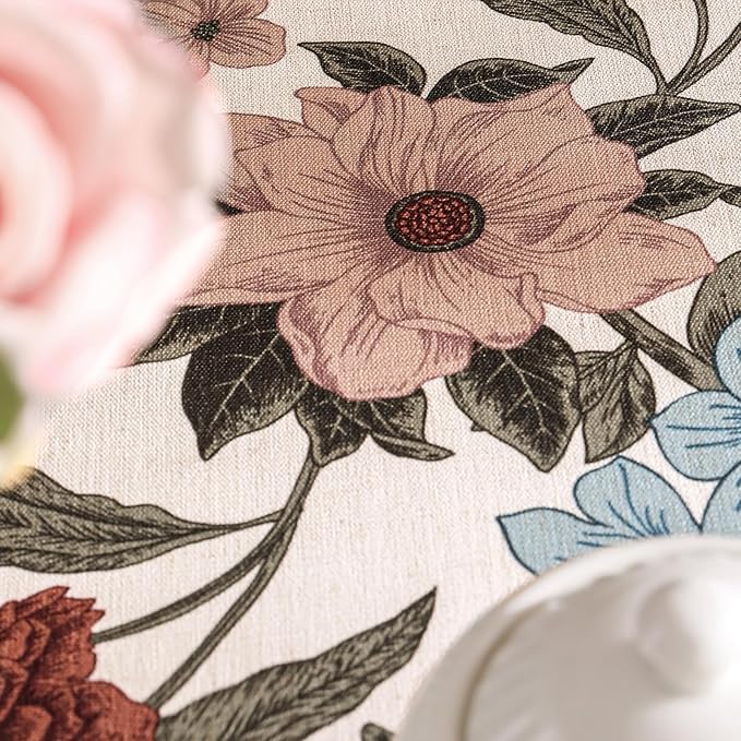 French Linen Tablecloth for Rectangle Table,Red and Blue Floral Durable Extra Long Tablecloths,Home Decor Table Cover for Kitchen,Dining,Thanksgiving,Farmhouse,67" × 118"-Burgundyred