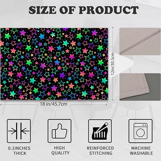 Neon Stars Placemats Set of 6 Linen Heat Resistant,Rainbow Glittering Table Mats Washable Rustic Place Mats Decoration for Home Kitchen Dining Room Party 12x18 Inch