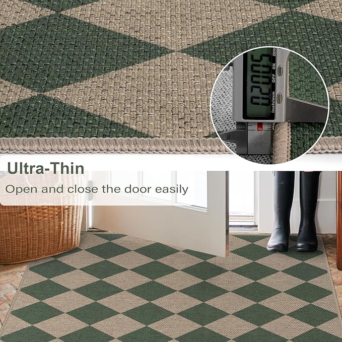 Easy Jute Checkered Entryway Rug, 2x3 Green Modern Indoor Outdoor Doormat, Washable Non-Slip Neutral Small Kitchen Rug Farmhouse Diamond Throw Rugs for Entrance Bedroom Bathroom