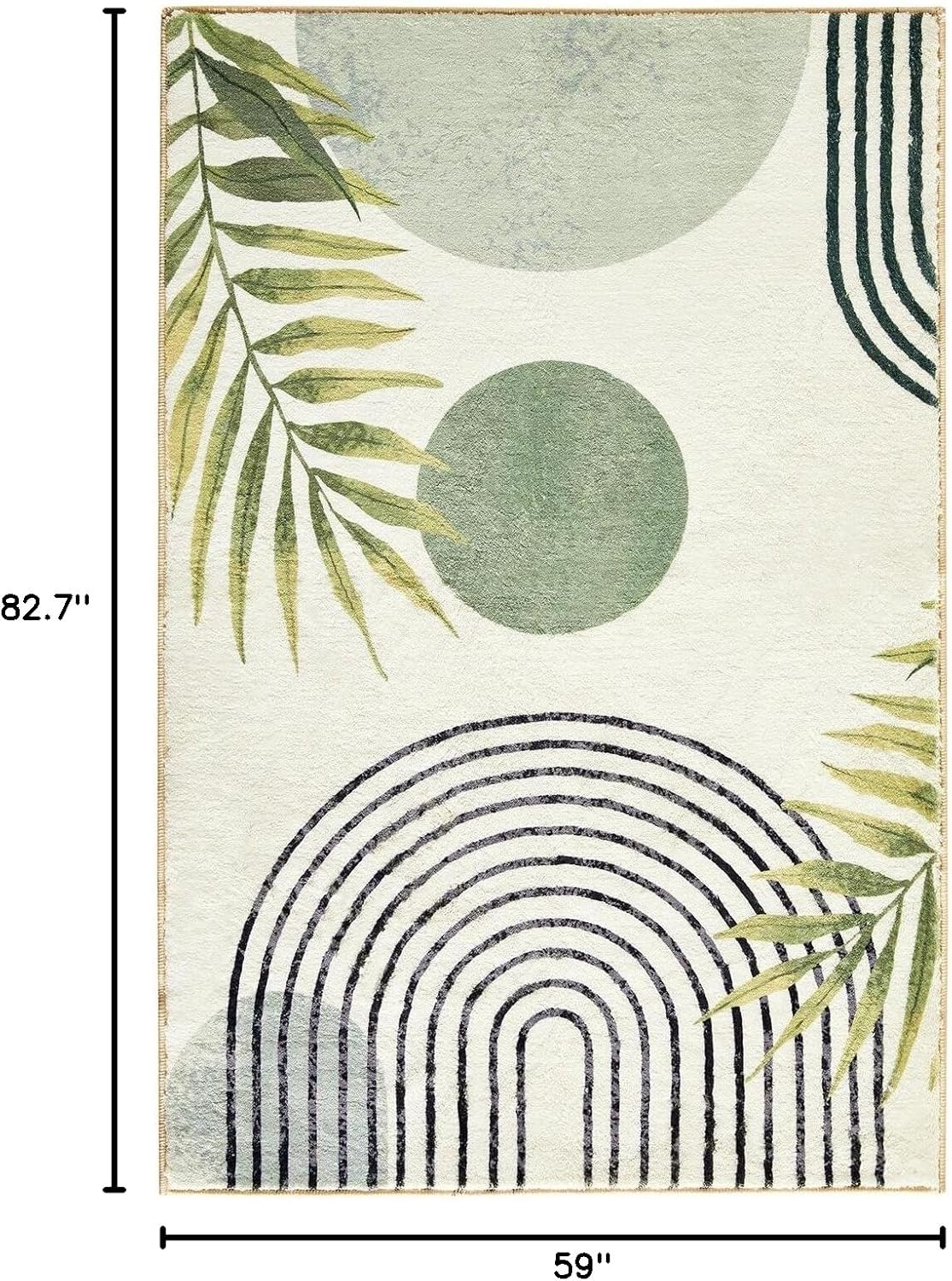RoomTalks Mid Century Modern Washable Rug, Green Boho Cute Aesthetic 5x7 Area Rugs for Bedroom Dining Room Living Room Office, Abstract Tropical Leaves Thin Shaggy Indoor Entryway Rug Carpet