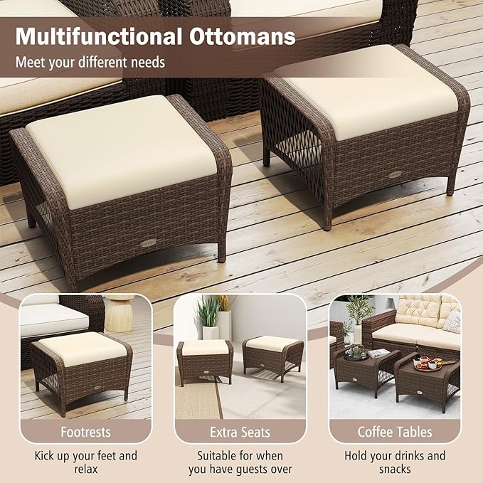Tangkula 2 Pieces Outdoor Patio Wicker Ottomans with Removable Cushions, Outside Footrest for Additional Seating, Footrest and Side Table, for Porch, Garden and Backyard