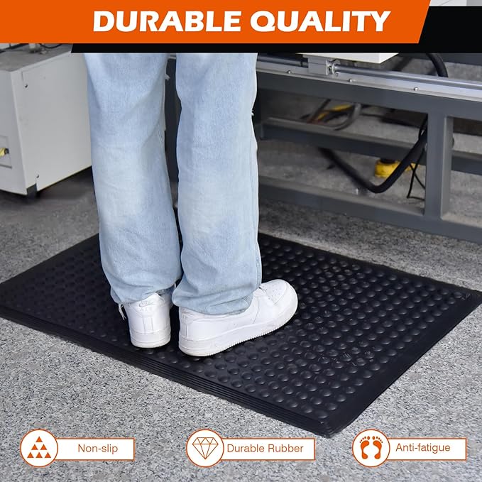 Black Rubber Bubble Anti-Fatigue Workplace Mat, Non-Slip Comfort Standing Floor Mat – Indoor, Outdoor, Garage, Workshop, Kitchen (24"x36" 4Pack)