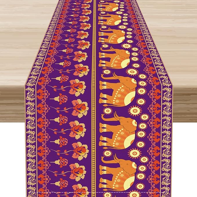 African Tribal Table Runner, Rustic Elephants Floral African Indian Diwali Art Print Purple Coffee Table Center Decor for Home Kitchen Holiday Party Farmhouse Outdoor Table Decorations, 13"x72"