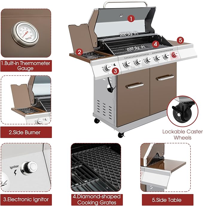 Royal Gourmet GA6402C 6-Burner Propane Gas Grill with Sear Burner and Side Burner, 74,000 BTUs, Cabinet Style Outdoor BBQ Grill for Barbecue Grilling & Backyard Cooking, Coffee