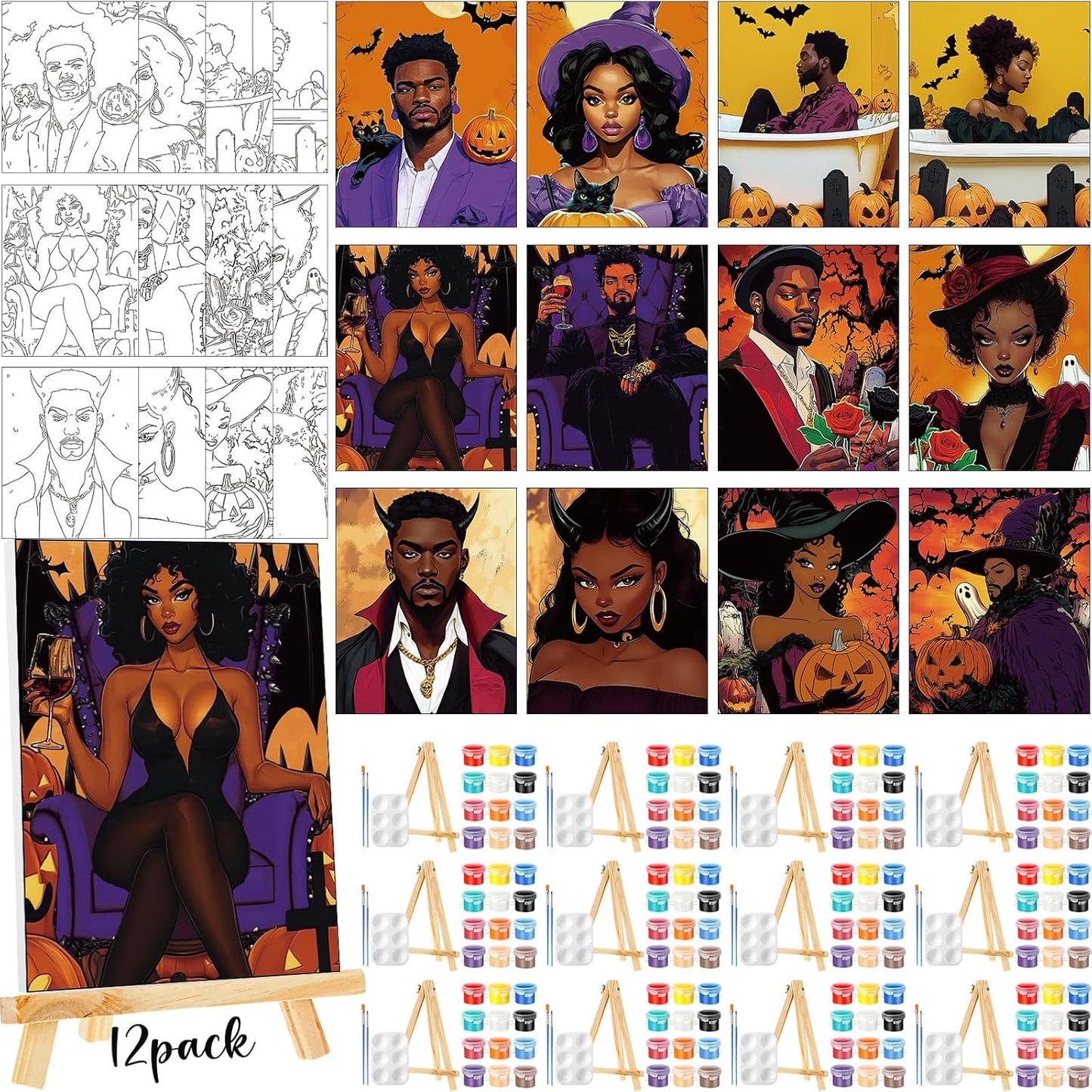 Zhanmai 12 Pack Pre Drawn Canvas for Painting Sip and Paint Kit 8" x 10" Paint Party Set Canvas Painting Pre Printed Canvases for Party Favor DIY Virtual Adult's Date Night(Witch Couple)