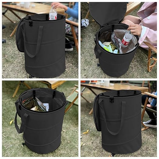Pop up Camping Trash can with lid,Collapsible 24 Gallons Trash can with Sorting Clips,Garden Garbage Bag with Lid,Lawn and Leaf Bags - Reusable Yard Waste Bags (Black)