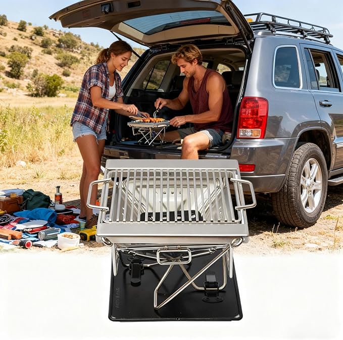 Portable Grill | Stainless Steel Folding Cooking Accessories | Small Charcoal Grill - for Hiking Picnics Tailgating Park Party Garden Cooking Picnics