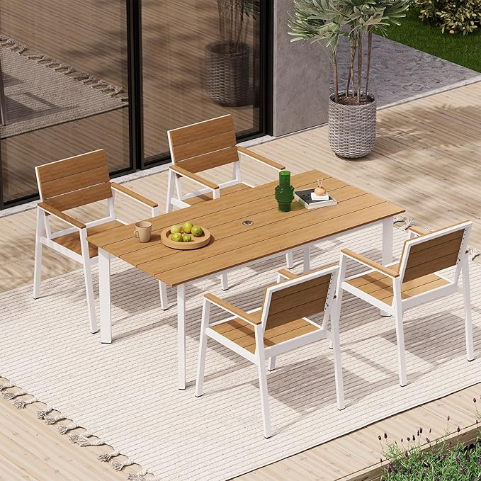 67"*32.3"*29.5" Patio Dining Table, Seamless Rectangle Aluminum + HDPS Outdoor Patio Dining Table with Umbrella Hole, Weather-Resistant for Lawn, Garden, Yard and Indoor Use (White & Teak)