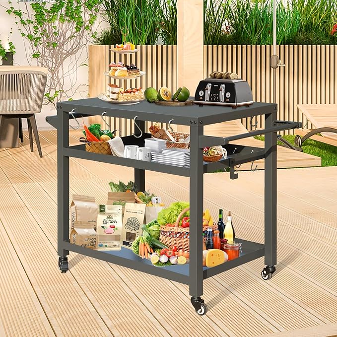 Domi 3-Tier Outdoor BBQ Grill Cart with Lockable Wheels | Portable Pizza Oven Stand & Food Prep Station | Compatible with Blackstone Griddle & Propane Tanks | All-Weather Patio Cooking cente