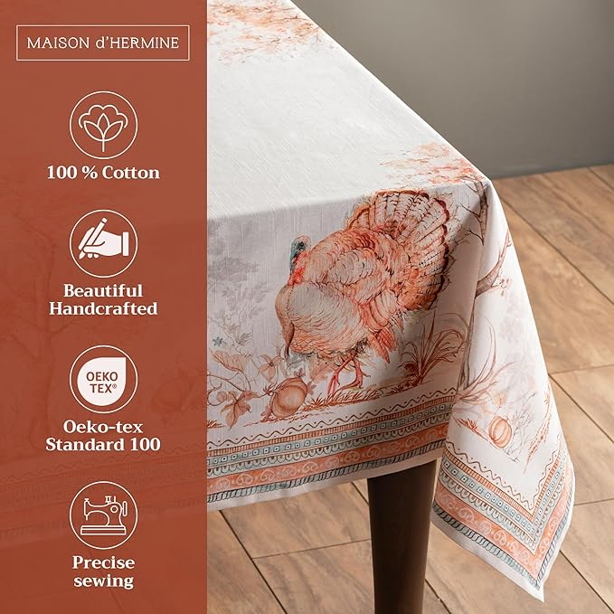 Maison d' Hermine Table Cloth Rectangle Table 100% Cotton 54 x 72 Inches Fall Tablecloth Reusable Everyday Use for Thanksgiving Christmas Decorations Dining Farmhouse Party (Giving Thanks)
