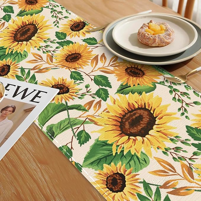 Table Runner Sunflower Leaves Table Runners Summer Seasonal Kitchen Dinning Decor for Indoor Outdoor Holiday Home Wedding Party 13x70 Inch