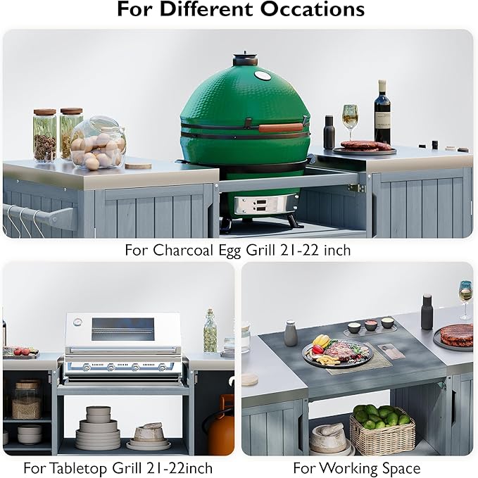 Merax 66.5" Outdoor Grill Table for Big Green Egg, Farmhouse Kitchen Island on Wheels with Stainless Steel Tabletop, Drawer and Spice Rack, Solid Wood Outdoor Storage Cabinet for Backyard, Grey Blue