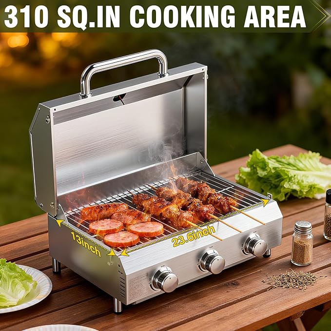 Bestfire 3-Burner Tabletop Gas Grill with Dual Connections, 30,000 BTU Portable Propane Grill Fits Large Cylinders & Small Canisters, Stainless Steel Knobs, Compact Design for Camping, RV, BBQ
