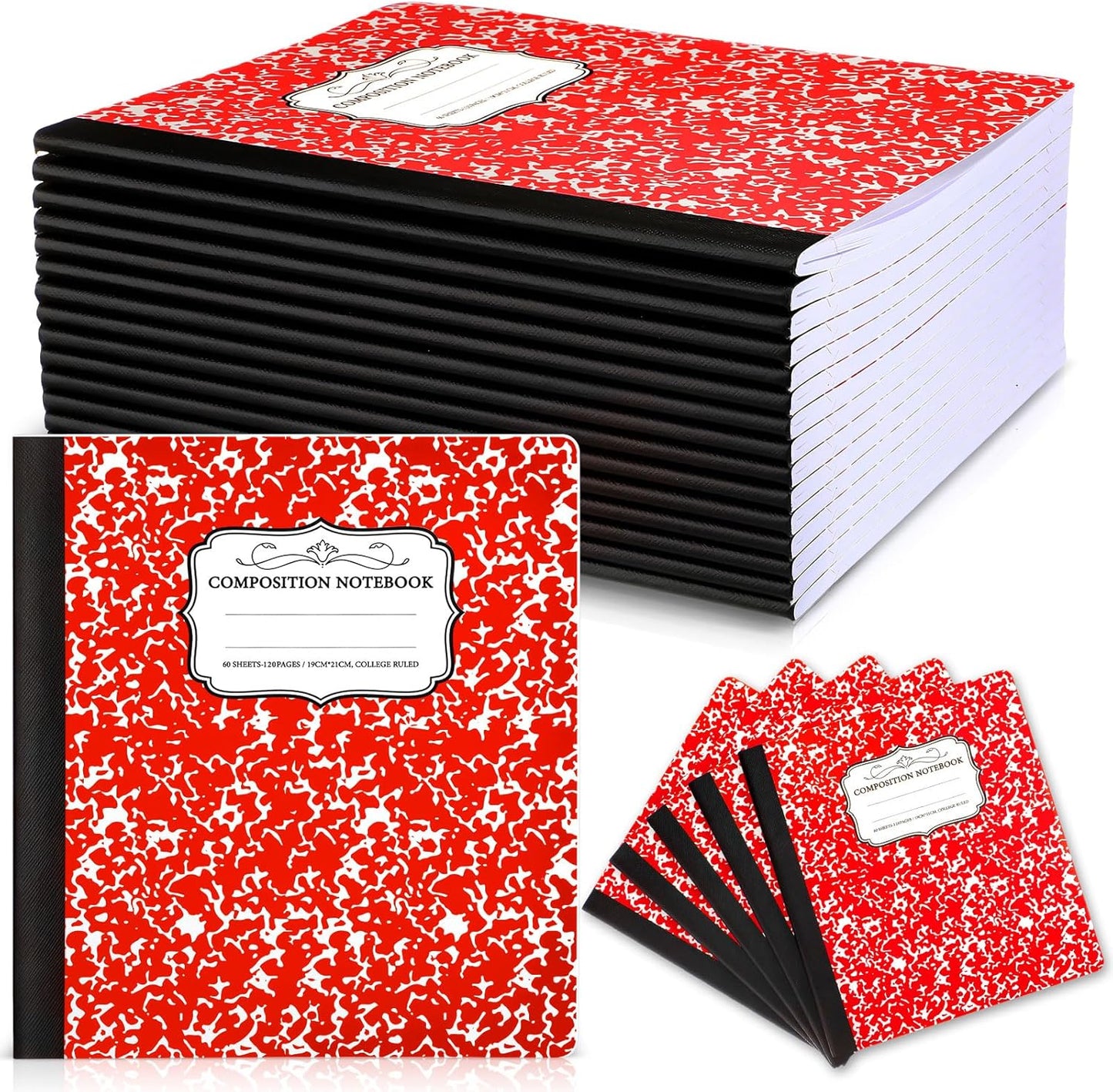Seajan 20 Pack Composition Notebooks, Wide Ruled Paper, 7-1/2" x 9-3/4" Marble Hard Covers, 60 Sheets, Composition Notebooks Bulk for Students Back to School Adults Office Supplies(Red)