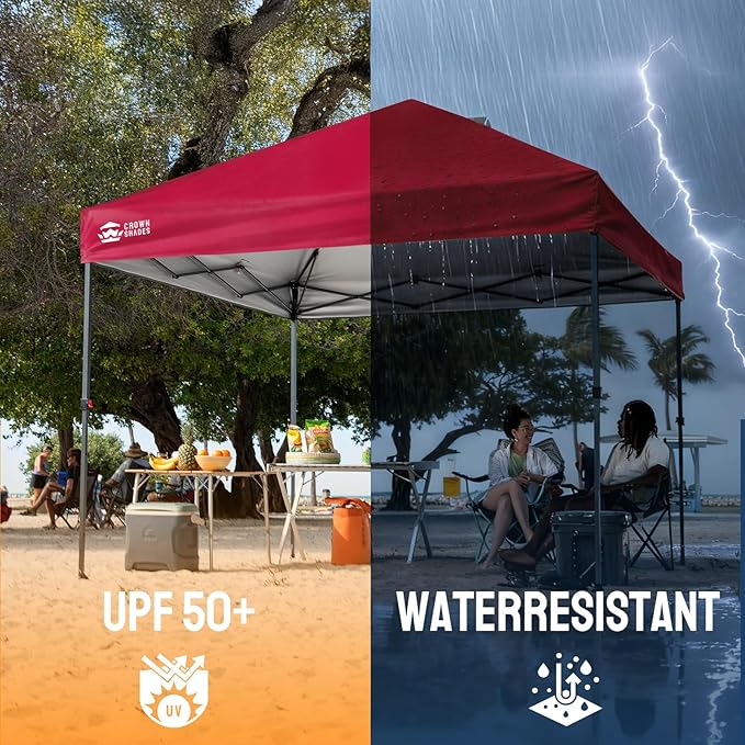 CROWN SHADES 10x10 Pop Up Canopy Tent - Patented Center Lock One Push Instant Outdoor Canopy Beach Tent with STO-N-Go Bag 8 Stakes & 4 Sand Bags，Red