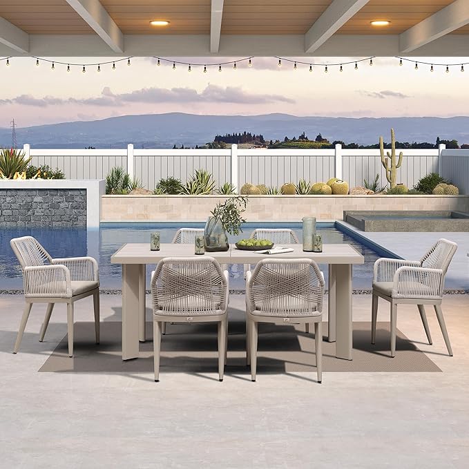 PURPLE LEAF 7 Pieces Patio Dining Set Aluminum Modern Rectangular Table and Rattan Arm Chairs with Cushions for Kitchen Porch Garden Outdoor Furniture Sets, Champagne