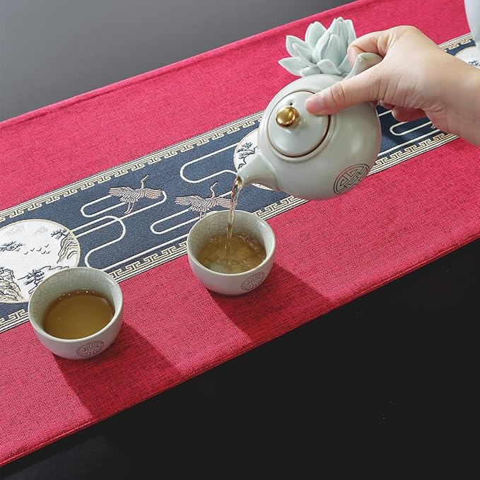 Embroidered Tassel Table Runner Chinese Style Landscape Painting Waterproof Cotton Linen Holiday Kitchen Dining Table Decoration for Home Party Decor 13x72 Inch (Rad)