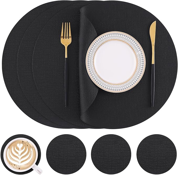 Homaxy Round Faux Leather Placemats and Coasters, Washable Dual-Side Table Mats, Wipeable Heat-Resistant Dining Place Mats for Outdoor and Indoor, Set of 4, Diameter 13 and 3.93 inch, Black