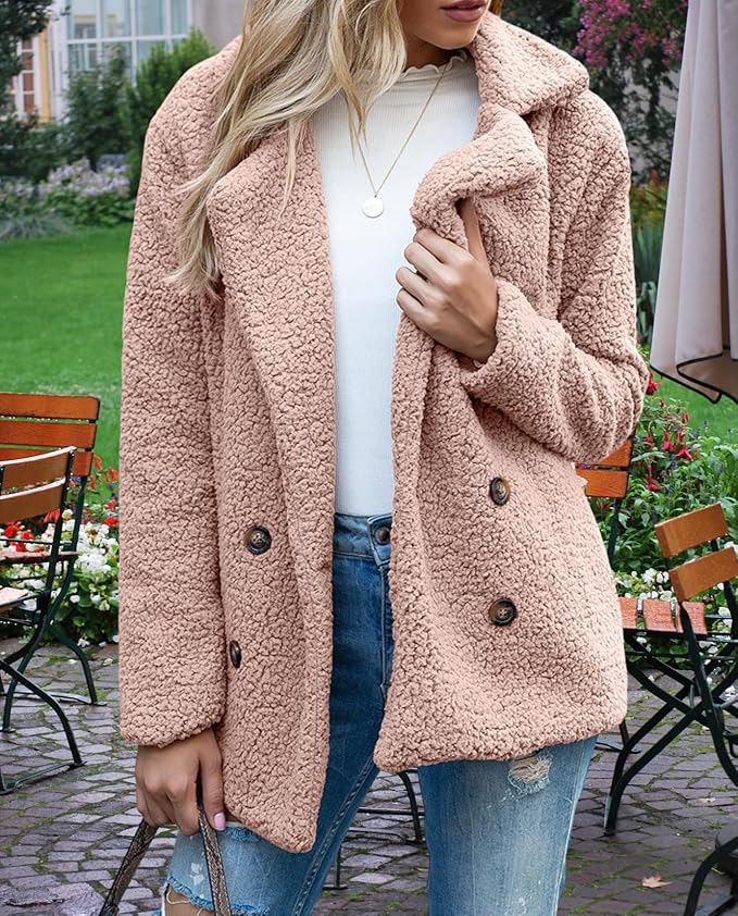 Women's Winter Warm Plush Cardigan Fuzzy Fleece Lapel Jacket with Buttons Pockets Long Sleeve Casual Outerwear