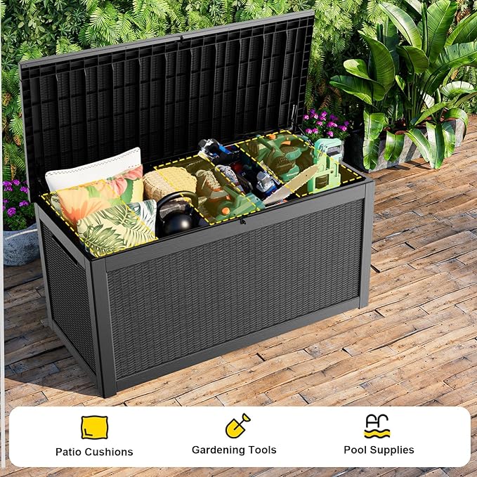 320 Gallon Waterproof Outdoor Storage Box, UV Resistant Resin Deck Box with Hydraulic Rod for Reinforced Stability, Perfect for Patio, Garden, and Pool（Black，320 Gallon）