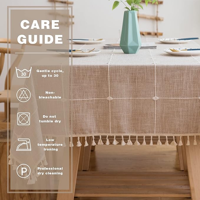 Pahajim Rustic Linen Tablecloth Cotton Rectangle Table Cloth for Kitchen Dining with Tassel Plaid Waterproof Tablecloths Rectangle/Oblong,55''x94'', 6-8 Seats